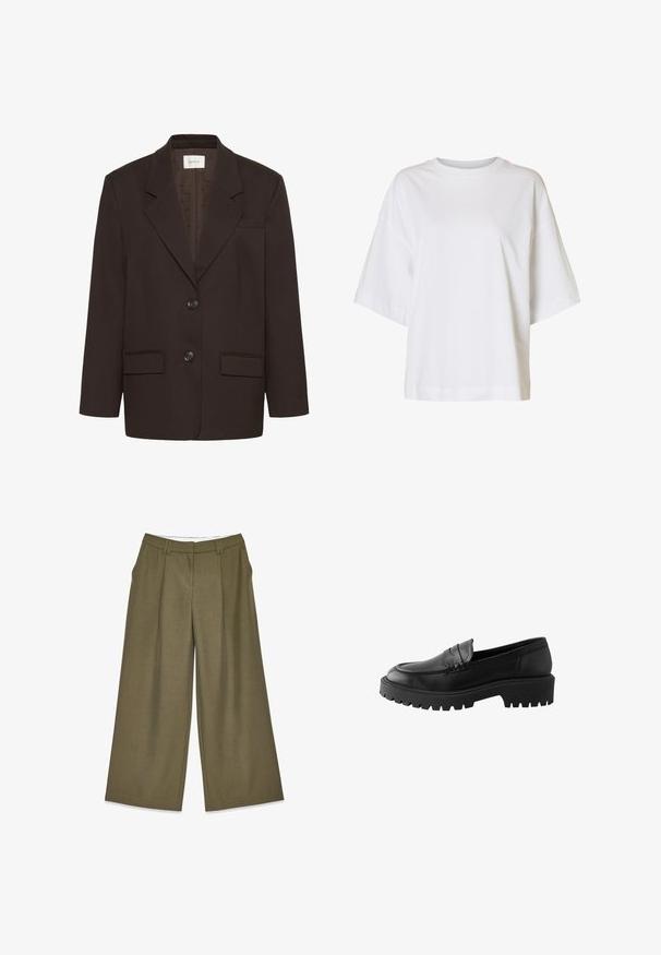 Mørkebrun blazer med inderlapeller, to frontlommer med flap, to knapper og en brystlomme af Gestuz.; Løs hvid T-shirt med korte ærmer, sænkede skuldre og rund halsudskæring på ensfarvet baggrund.; Bredde bukser i olivengrønt stof med en struktureret overflade, der har frontfolder og et højt livdesign. Ingen synlig hardware.; Sort læder loafer med rund tå, hævet sømdetalje og kraftig gummisål med dybe riller for bedre greb.