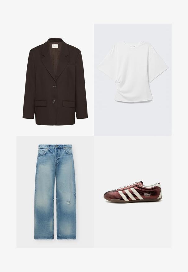 Mørkebrun blazer med inderlapeller, to frontlommer med flap, to knapper og en brystlomme af Gestuz.; Hvid oversized T-shirt med korte ærmer og rund hals vist på en lysegrå baggrund.; Lyseblå denimjeans med afslappet pasform, let slid på højre lår og traditionelt fem-lomme design.; Lavprofileret metallisk burgundy Adidas sneaker med hvide striber, snørebånd og "Adidas Tokyo" mærkning på siden.
