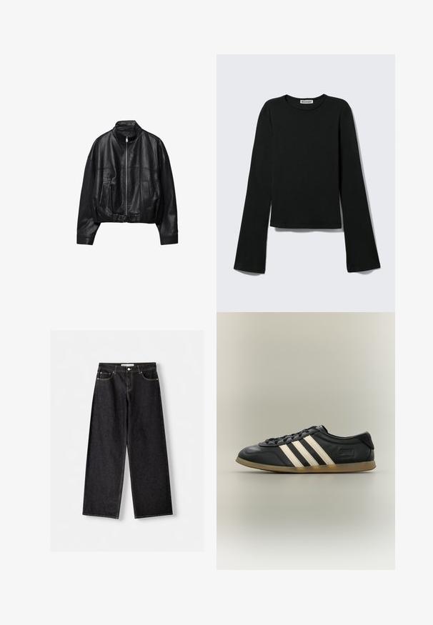 Veste en cuir noire avec fermeture éclair à l'avant, col montant, deux poches latérales, manches longues et sangle à boucle réglable à l'ourlet.; T-shirt noir à manches longues avec col rond, silhouette ajustée et manches légèrement évasées, étiqueté avec la marque "Weekday" au niveau de l'encolure.; Jean noir à jambes larges avec poches avant et fermeture par bouton argenté, posé à plat sur un fond gris clair.; Baskets Adidas Gazelle noires avec des bandes blanches, des lacets noirs et une semelle marron clair, vues de profil sur un fond neutre.