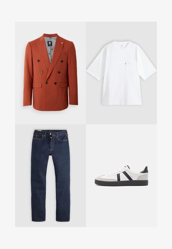 Blazer croisé en rouille avec des rayures blanches. Doté de boutons noirs, de revers crantés et de deux poches avant. Doublé avec un tissu à motifs.; T-shirt en coton blanc à manches courtes, col rond et poche poitrine gauche. Comprend une petite étiquette logo rouge sur la poche.; Jean droit bleu foncé avec braguette à boutons, poches avant et arrière, et surpiqûres contrastantes, posé à plat sur un fond clair.; Baskets blanches avec des accents noirs et gris, présentant un embout texturé gris, une semelle en caoutchouc noir et des lacets plats blancs. Design épuré, style minimaliste.