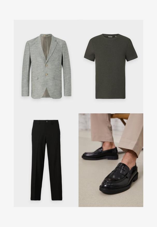 Blazer gris claro hecho de una tela texturada, con dos bolsillos delanteros, solapas de muesca y dos botones. Forro interior en beige.; Camiseta de manga corta de color verde oscuro con escote redondo, fabricada en material acanalado; presenta un diseño simple y minimalista sin patrones.; Pantalones negros de tejido suave, con un corte recto, cierre de botón en la cintura y sin patrones ni detalles visibles.; Mocasines de cuero negro con un acabado suave, que cuentan con una correa decorativa y costuras en contraste, combinados con pantalones beiges.