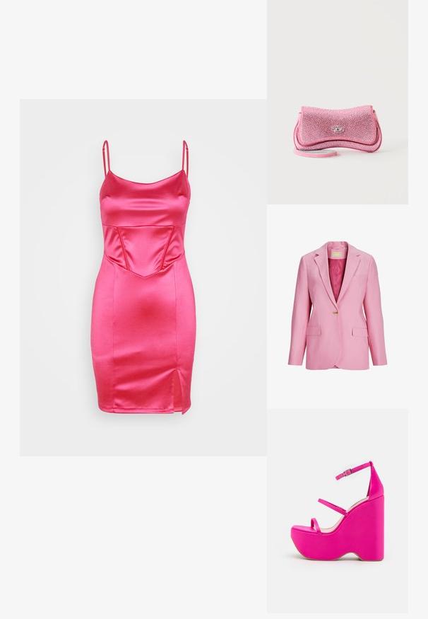 Blazer rose à un bouton, avec revers crantés, poches à rabats et doublure intérieure lisse satinée.; WAL G. CALEB CORSET MINI - Robe de soirée - fuchsia; Sandales à plateforme roses avec un talon compensé haut, dotées de deux fines lanières à l'avant et d'une lanière au niveau de la cheville avec une boucle métallique. Texture lisse.; Petit sac pochette rose scintillant avec une fermeture à fermoir argenté et une fine lanière de poignet sur fond blanc.