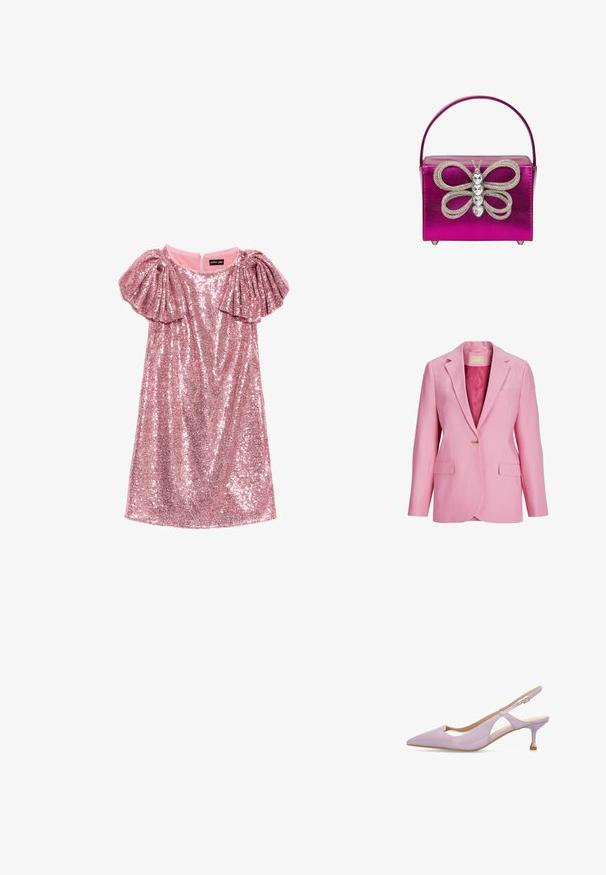 Pink blazer med skarp krave, enkelt guldknap lukning, to forlommer og en glat tekstur. Forede inderside med en kontrastfarve.; Rosa paliet kjole med korte ærmer med flæser og rund hals, lagt fladt på en hvid baggrund.; Syrenlilla pumps i laklæder med slingback, spids tå, justerbar spænde og slank mellemhøj stilethælk med metallisk detalje.; Rosa metalisk håndtaske med en struktureret form, med et sommerfuglemotivet lavet af klare ædelsten og metalaccenter. Kort hank.