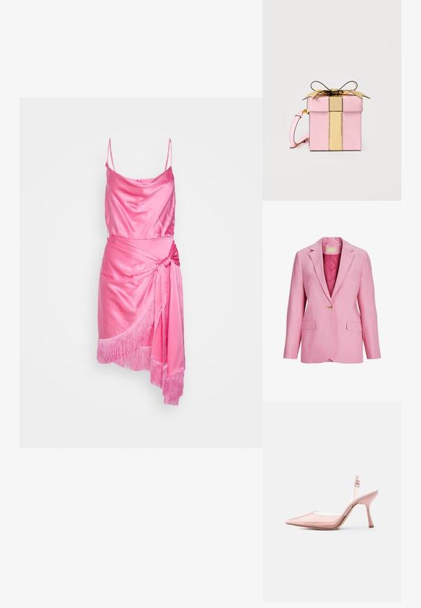 Blazer rose à un bouton, avec revers crantés, poches à rabats et doublure intérieure lisse satinée.; Cinq à Sept OCTAVIA DRESS - Robe de soirée - flamingo; Chaussure à talons hauts rose transparente avec bout pointu et bride à boucle sur fond blanc.; Petit sac à main rose en forme de boîte avec une sangle verticale dorée brillante et un nœud sur le dessus, doté d'une sangle de poignet rose sur le côté.