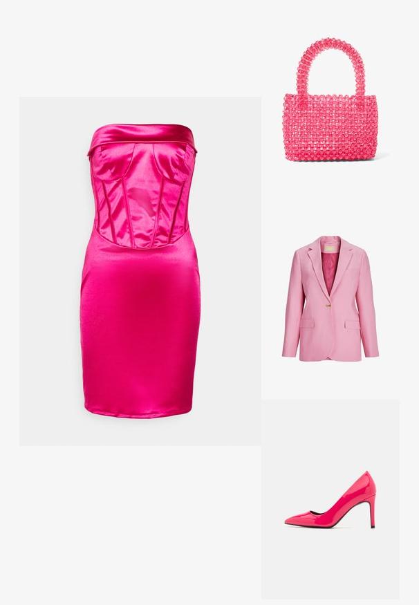 Blazer rose à un bouton, avec revers crantés, poches à rabats et doublure intérieure lisse satinée.; WAL G. MILLA CORSET - Robe de soirée - fuchsia; Pompe à talon aiguille en cuir verni rose vif avec un bout pointu et une silhouette épurée, dotée d'un fin talon stiletto et d'un intérieur noir.; Petit sac à main rose vif fabriqué à partir de perles rondes translucides avec une anse solide ornée de perles.