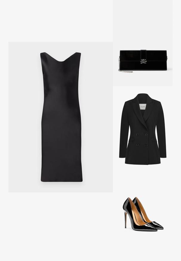 Schwarzer taillierter Doppelreiher-Blazer aus glattem Stoff, mit Reverskragen, zwei seitlichen Taschen und sechs schwarzen Knöpfen auf der Vorderseite.; Schwarzes Satin ärmelloses Kleid mit V-Ausschnitt, figurbetontem Schnitt und knielanger Länge. Glatte Textur und minimalistisches Design.; Paar glänzende schwarze High Heels aus Lackleder mit spitz zulaufender Vorderpartie, Stilettoabsätzen und hellbraunem Innenfutter vor weißem Hintergrund.; Glänzende schwarze rechteckige Clutch mit silbernem Kettenriemen und silberner, ineinander verschlungener Initial-Schließe an der vorderen Klappe.
