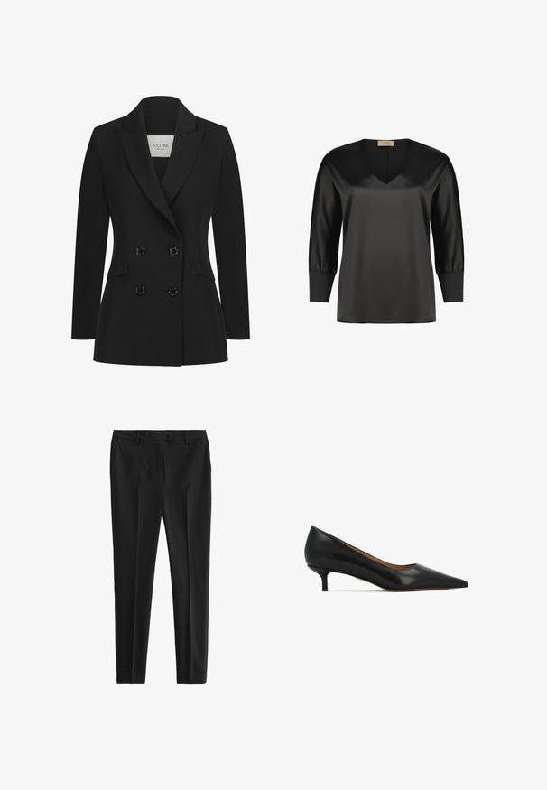 Schwarzer taillierter Doppelreiher-Blazer aus glattem Stoff, mit Reverskragen, zwei seitlichen Taschen und sechs schwarzen Knöpfen auf der Vorderseite.; Schwarze Satinbluse mit V-Ausschnitt, 3/4-langen Ärmeln und gerafften Bündchen. Glatte Textur mit lockerer Passform und leicht abgerundetem Saum.; Schwarze, maßgeschneiderte Hose aus glattem Stoff. Mit flacher Vorderseite, Seitentaschen und schmaler Passform. Schlichter, minimalistischer Stil.; Schwarze Lederpumps mit kleinem Absatz, spitzer Zehenpartie, glatter Textur und dezentem Absatz. Einfaches Design ohne Verzierungen.