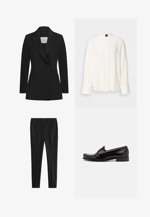 Schwarzer taillierter Doppelreiher-Blazer aus glattem Stoff, mit Reverskragen, zwei seitlichen Taschen und sechs schwarzen Knöpfen auf der Vorderseite.; Langärmlige, cremefarbene Bluse aus glattem Stoff; Mandarin-Kragen, verdeckte Knopfleiste, geknöpfte Manschetten und eine lockere Passform.; Schwarze, maßgeschneiderte Hose aus glattem Stoff. Mit flacher Vorderseite, Seitentaschen und schmaler Passform. Schlichter, minimalistischer Stil.; Schwarze Leder-Mokassins mit glänzender Oberfläche, ausgestattet mit Fransenverzierungen an der Vorderseite und einem niedrigen, gestapelten Absatz.