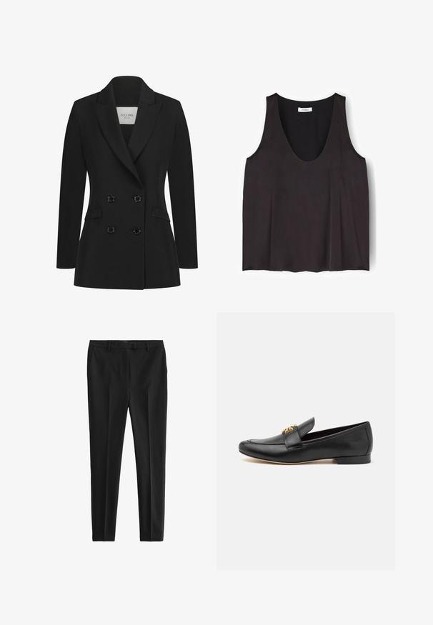 Schwarzer taillierter Doppelreiher-Blazer aus glattem Stoff, mit Reverskragen, zwei seitlichen Taschen und sechs schwarzen Knöpfen auf der Vorderseite.; Schwarzes ärmelloses Top mit rundem Ausschnitt, einfachem, glattem Stoff und kleinem Etikett im Nackenbereich.; Schwarze Hose aus glattem, leichtem Stoff. Verfügt über eine taillierte Passform, vordere Fältelungen und Standard-Gürtelschlaufen mit Seiten- und Gesäßtaschen.; Schwarze Leder-Loafer mit abgerundetem Zehenbereich, flachem Absatz und goldfarbener Hardware-Akzent auf dem Riemen. Glatte Textur mit minimalen Design-Details.