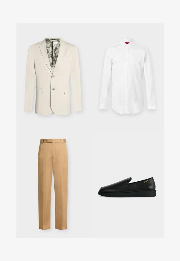 Blazer beige homme à deux boutons, col cranté, poches à rabat devant, poche poitrine et doublure intérieure grise et blanche à motifs.; Chemise blanche à manches longues avec col pointu et patte de boutonnage cachée, présentée sur un fond clair uni.; Pantalon beige droit avec passants de ceinture, plis devant et fermeture éclair.; Chaussure noire en cuir à enfiler avec semelle épaisse et marquage "HUGO" en or près du talon sur un fond uni gris clair.