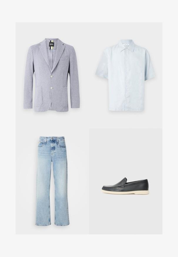 Blazer im Hahnentrittmuster in Blau und Weiß. Mit Reverskragen, zwei Knöpfen und Fronttaschen. Hergestellt aus strukturiertem Stoff.; Himmelblaues Kurzarmhemd mit feinem Blattmuster, Knopfleiste und klassischem Kragen aus einem glatten, strukturierten Stoff.; Helle blaue weite Jeans mit hoher Taille, in verwaschenem Finish, mit Gürtelschlaufen und klassischem Fünf-Taschen-Design. Der Saum ist ungesäumt.; Schwarzer Loafer aus Leder zum Hineinschlüpfen mit beiger Sohle, schwebend in der Luft nahe einem Metall-Draht-Magazinhalter auf einem Terrazzo-Boden.
