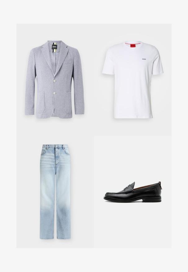 Hondstooth-gepatenteerde blazer in blauw en wit. Kenmerkt zich door een notch-lapel, twee knopen en voorzakken. Gemaakt van gestructureerde stof.; Witte katoenen t-shirt met korte mouwen, een ronde halslijn en een klein zwart "HUGO" logo op de linkerkant van de borst. Voorzien van een rood etiket aan de binnenkant van de hals.; Lichtblauwe, hoog getailleerde, rechte jeans met voorzakken, riemlussen en een knoopsluiting.; Zwarte leren herensloffen met moc toe stiksel, pennyriem, gestructureerde kraag en lage gestapelde hak op witte achtergrond.