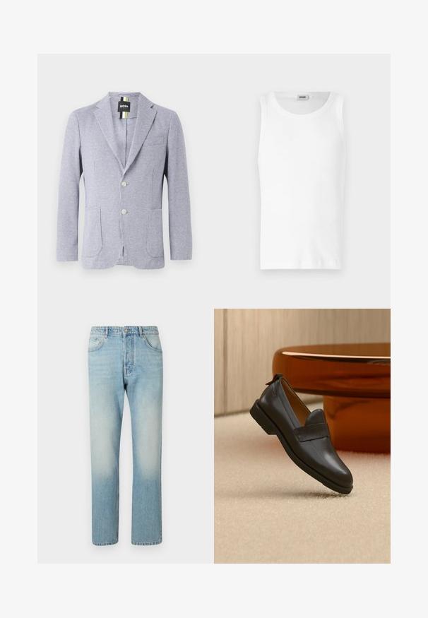 Blazer con estampado de espiga en azul y blanco. Cuenta con solapa de muesca, dos botones y bolsillos frontales. Fabricado en tejido texturizado.; Camiseta sin mangas de algodón blanco con cuello redondo y una textura suave. Diseño sencillo, sin patrones ni acentos.; Jeans de color azul claro hechos de denim, con un diseño de pierna recta, estructura de cinco bolsillos y efecto de lavado desgastado en los muslos.; Mocasín de cuero negro con tacón bajo flotando sobre una alfombra beige, junto a una mesa brillante de color ámbar en una habitación minimalista.