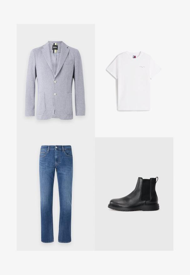Hondstooth-gepatenteerde blazer in blauw en wit. Kenmerkt zich door een notch-lapel, twee knopen en voorzakken. Gemaakt van gestructureerde stof.; Witte T-shirt met korte mouwen en ronde hals met kleine "Tommy Jeans" tekst en logo op de linkerborst en een label aan de binnenkant van de kraag.; Blauwe rechte spijkerbroek met klassieke vijfzakkenontwerp en knoopsluiting op een effen achtergrond.; Zwarte leren Chelsea boots met een gestructureerde afwerking, elastische zijpanelen en een stevige rubberen zool. Subtiele branding op de hiel.