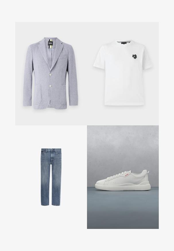 Blazer con estampado de espiga en azul y blanco. Cuenta con solapa de muesca, dos botones y bolsillos frontales. Fabricado en tejido texturizado.; Camiseta de algodón blanca con cuello en V, que presenta un pequeño gráfico floral negro en la parte izquierda del pecho. Mangas cortas con un corte relajado.; Vaqueros de denim azul con pierna recta, bolsillos delanteros, trabillas para cinturón y cierre de botón.; Zapatilla blanca con un acabado de cuero liso, punta redonda, cuatro ojales, perforaciones sutiles y un detalle de logo rojo en el lateral.