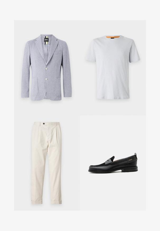 Hondstooth-gepatenteerde blazer in blauw en wit. Kenmerkt zich door een notch-lapel, twee knopen en voorzakken. Gemaakt van gestructureerde stof.; Lichtgrijs t-shirt met korte mouwen van katoen, voorzien van een klein logopatch op de borst en een contrasterende oranje accent op de halslijn.; Crème-kleurige broek met een getailleerde pasvorm, voorzien van een enkele knoopsluiting, geplooide voorkant en omslag bij de broekspijpen. Gemaakt van lichtgewicht stof.; Zwarte leren loafer met grijs riemdetailelement, lage hak en gestructureerde zool, aan de zijkant gebrandmerkt met "HUGO" in goud.
