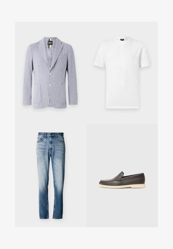 Blazer con estampado de espiga en azul y blanco. Cuenta con solapa de muesca, dos botones y bolsillos frontales. Fabricado en tejido texturizado.; Camiseta blanca de manga corta con cuello redondo y una sutil textura acanalada vertical, mostrada sobre un fondo liso gris claro.; Vaqueros azules desgastados de pierna recta con cinco bolsillos, cierre de botón y trabillas para cinturón, mostrados extendidos sobre un fondo blanco.; Zapatos de cuero marrón tipo slip-on con una superficie texturizada y una suela en un tono beige claro, con punta redondeada y detalles de costura mínimos.