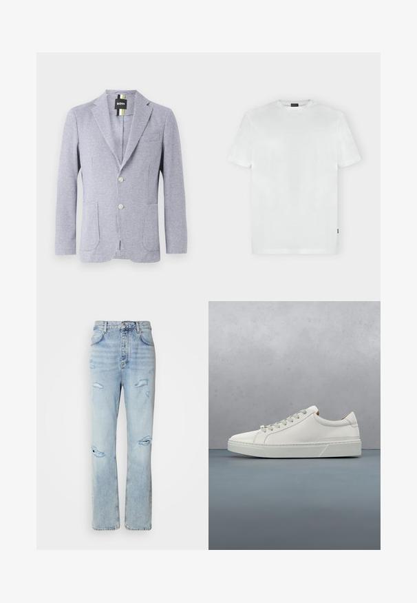 Blazer im Hahnentrittmuster in Blau und Weiß. Mit Reverskragen, zwei Knöpfen und Fronttaschen. Hergestellt aus strukturiertem Stoff.; Weißes T-Shirt mit kurzen Ärmeln und Rundhalsausschnitt, mit dezentem Logo auf der linken Brustseite und einem kleinen schwarzen Etikett an der linken Seitennaht.; Hellblaue Jeans mit legerer Passform, featuring distressed Stellen und fransigen Kanten. Der Stoff hat eine weiche, glatte Textur.; Weißes Leder-Sneaker mit abgerundetem Zehenbereich, minimalistisches Design, graue Schnürsenkel und einer strukturierten grauen Gummisohle. Dezente Nähte sichtbar.