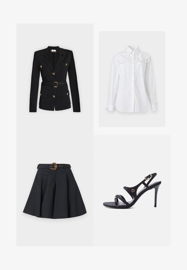 Blazer noir cintré avec manches longues, boutons dorés, poches à rabat et ceinture assortie avec boucle dorée.; Chemise blanche à manches longues, boutonnée, avec un col et deux poches poitrine, chacune ornée d'un noeud décoratif près du haut.; Jupe évasée noire à taille haute avec ceinture à boucle décorative dorée, dotée de plis pour le volume et la forme.; Sandale noire à talon haut avec fines lanières, une boucle à la cheville et un talon aiguille élégant sur fond blanc.