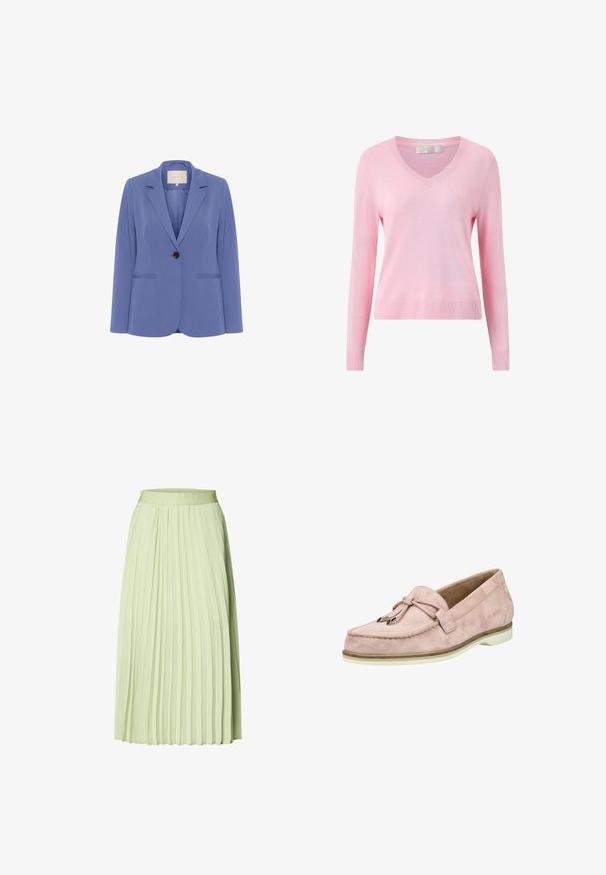 Blazer ajusté en tissu bleu clair, doté d'un bouton marron, de revers crantés et de deux poches avant avec une texture lisse.; Pull rose clair à manches longues avec col en V, poignets et ourlet côtelés, présenté sur un fond blanc.; Jupe plissée mi-longue vert clair avec une taille ajustée et des plis verticaux uniformément espacés.; Mocassin en daim rose avec un nœud noué et des garnitures en argent, présentant une texture douce et une semelle en caoutchouc blanche. Design classique à enfiler.