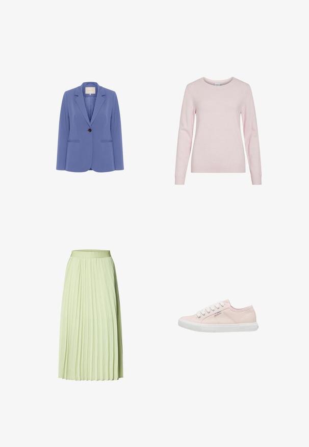 Skræddersyet blazer i lyseblåt stof, med en enkelt brun knap, klapkraver og to forreste lommer med en glat tekstur.; Lyserød langærmet strikket sweater med rund halsudskæring og ribstrikkede manchetter og kant, vist på hvid baggrund.; Lysegrøn midilang plisseret nederdel med et tætsiddende taljebånd og jævnt fordelte vertikale folder.; ONLY SHOES Sneakers - silver pink