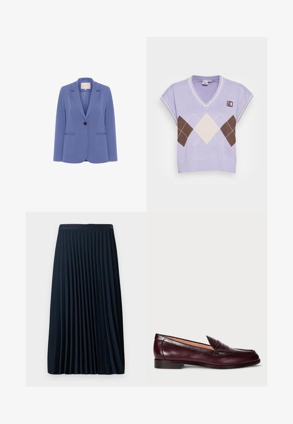 Skræddersyet blazer i lyseblåt stof, med en enkelt brun knap, klapkraver og to forreste lommer med en glat tekstur.; Lilla strikket kortærmet pullover med V-hals, der har brune og cremefarvede diamantmønstre samt et lille logo på venstre bryst.; Fryse navy nederdel med en struktureret talje, lavet af et glat stof, med jævnt fordelt lodrette frynser og en længde til midt på læggen.; Bordeaux lær loafers med en glat finish, rund tå, dekorativ syning og en lav hæl. Indersiden har en blød beige foring.