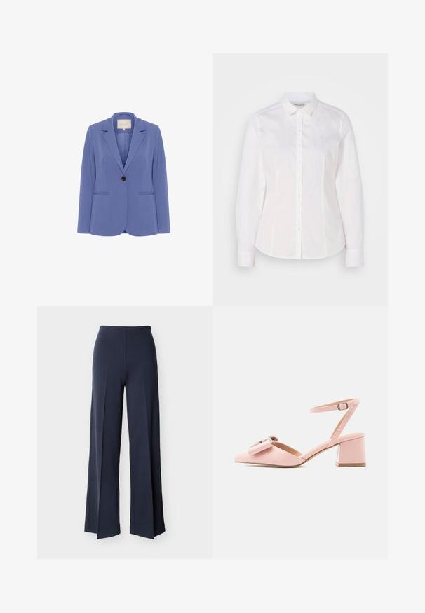Blazer ajusté en tissu bleu clair, doté d'un bouton marron, de revers crantés et de deux poches avant avec une texture lisse.; Chemise blanche à boutons fabriquée en coton lisse, avec un col classique, des manches longues et un logo subtil sur la poitrine. Présente une fermeture à boutons sur le devant.; Pantalon large bleu marine avec fentes latérales, taille haute et devant lisse, présenté sur un fond blanc.; Chaussure rose à talon moyen avec bride à la cheville, bout pointu, nœud décoratif et boucle sur un fond clair uni.