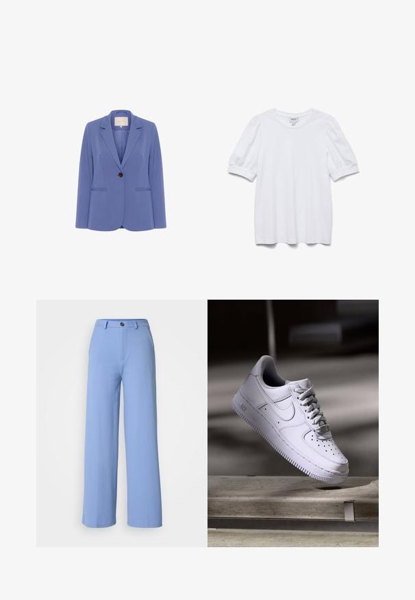 Skræddersyet blazer i lyseblåt stof, med en enkelt brun knap, klapkraver og to forreste lommer med en glat tekstur.; Hvid kortærmet top med rund halsudskæring og puffede ærmer. Lavet af glat stof, med et mærke mærket "AWARE."; Lyseblå bredbenede bukser lavet af glat stof. Har en frontlukning med knap og bæltestropper, med et skræddersyet design og rene linjer.; Hvid Nike Air Force 1 sneaker svævende over en betonoverflade med skygger i et minimalistisk miljø.