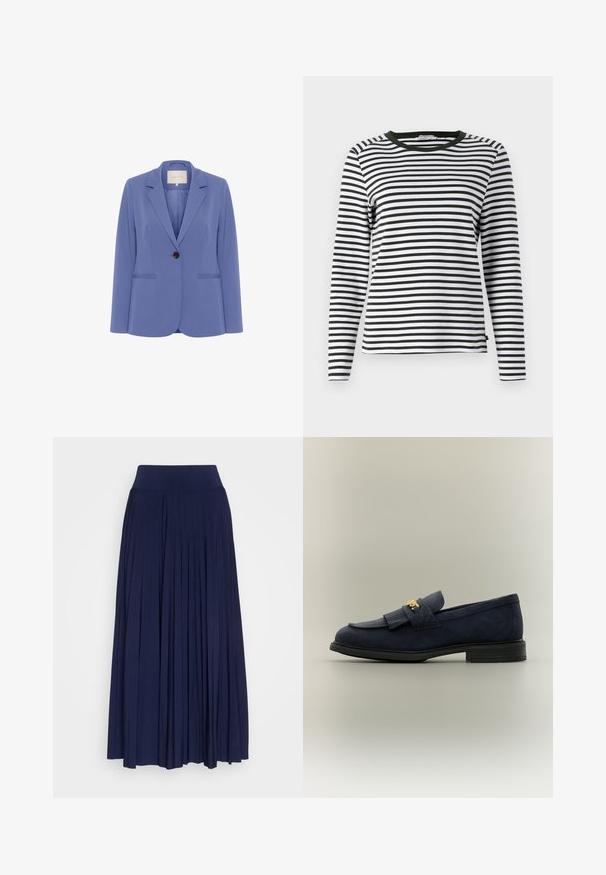 Skræddersyet blazer i lyseblåt stof, med en enkelt brun knap, klapkraver og to forreste lommer med en glat tekstur.; Langærmet skjorte i sort og hvid stribet design med en rund, grøn halsudskæring. Blødt stof med normal pasform og lige søm.; Marineblå plisseret nederdel lavet af blødt stof, med en bred og komfortabel talje og en flydende design med lodrette plisseringer over hele. ; Mørkeblå ruskindsløs sko med sort sål og lav hæl, der har en frynset rem og et lille gyldent dekorativt emblem på toppen.