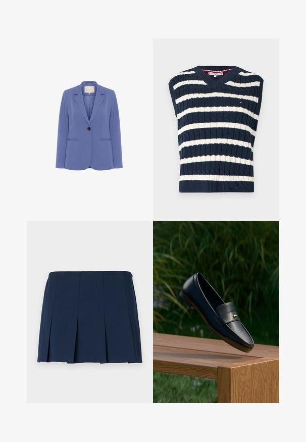 Skræddersyet blazer i lyseblåt stof, med en enkelt brun knap, klapkraver og to forreste lommer med en glat tekstur.; Marineblå og cremefarvet stribet ærmeløs strikket vest med v-hals og ribstrikket struktur. Har et lille logo på brystet.; Mørkeblå, plisseret mini nederdel med en lige talje, lavet af et glat stof. Har lodrette syninger langs plisseringerne.; Sort lædersko med guldfarvet detalje, der svæver over en træbænk, med grønne blade i baggrunden.