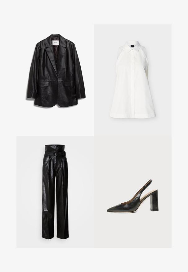 IVY OAK IOLOUISEBLAZER - Manteau court - black; Chemise blanche sans manches avec col, boutons cachés sur le devant, coupe cintrée et étiquette de la marque à l'intérieur du col.; Pantalon en cuir noir à taille haute, jambes larges, avec une ceinture texturée ornée d'une boucle argentée. Fini lisse et brillant.; Chaussure slingback en cuir noir à bout pointu avec un talon bloc haut et une doublure intérieure beige sur un fond clair uni.