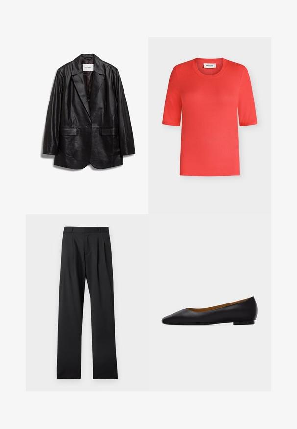 IVY OAK IOLOUISEBLAZER - Kurzmantel - black; Rotes, geripptes Kurzarmshirt mit Rundhalsausschnitt und einem Modström-Größe-1-Etikett vor einem hellgrauen Hintergrund.; Schwarze formelle Hose mit Gürtelschlaufen und Falten, gerader Beinverlauf, flach auf einem weißen Hintergrund liegend.; Schwarzer flacher Schuh aus Leder mit spitz zulaufender Vorderkappe, niedrigem Absatz und glatter Oberfläche, von der Seite vor einem hellgrauen Hintergrund dargestellt.