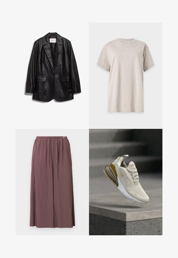 IVY OAK IOLOUISEBLAZER - Halflange jas - black; Lichtbeige korte mouw katoenen T-shirt met een klein wit Nike Swoosh-logo, gecentreerd onder de halslijn.; Plissé broek in een zachte mauve kleur, met een elastische tailleband met trekkoorden en subtiele merkdetails bij de taille.; Beige Nike Air Max-sneaker met oranje logo's en een zichtbare luchtkussenzool, zwevend boven een betonnen rand binnenshuis.