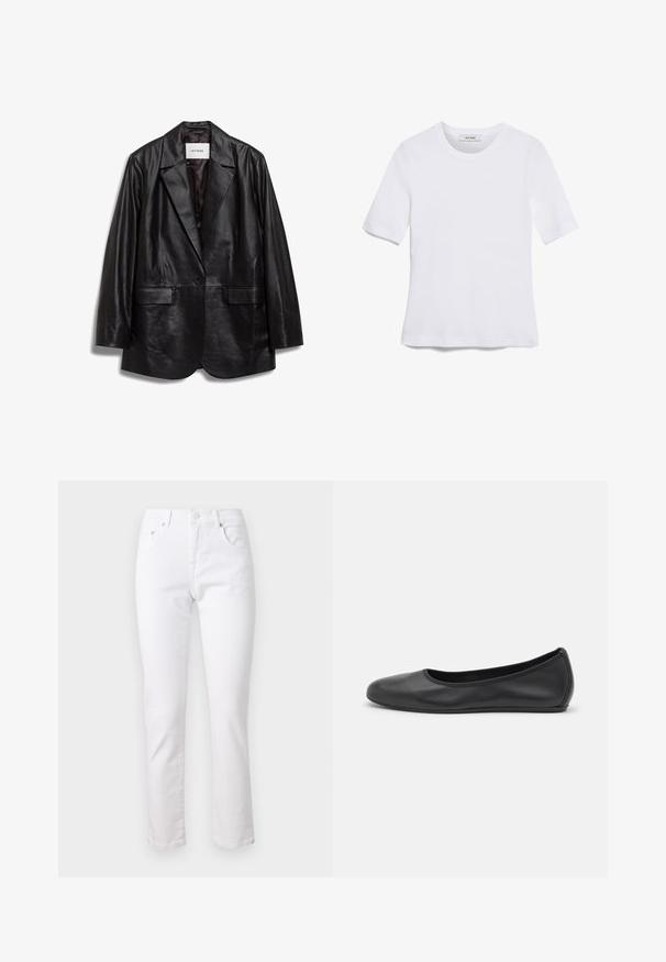 IVY OAK IOLOUISEBLAZER - Kurzmantel - black; Weißes kurzärmliges T-Shirt aus geripptem Stoff. Runder Halsausschnitt, normale Passform und dezente Nähte. Keine Muster oder Grafiken.; Weiße Denim-Jeans mit geradem Bein, Fünf-Taschen-Design und Metallknopfverschluss, mit glatter Textur und minimaler Nahtführung.; Schwarze Leder-Ballettschuhe mit abgerundeter Spitze, glatter Textur, minimalen Nähdetails und einem flexiblen Sohlen-Design.