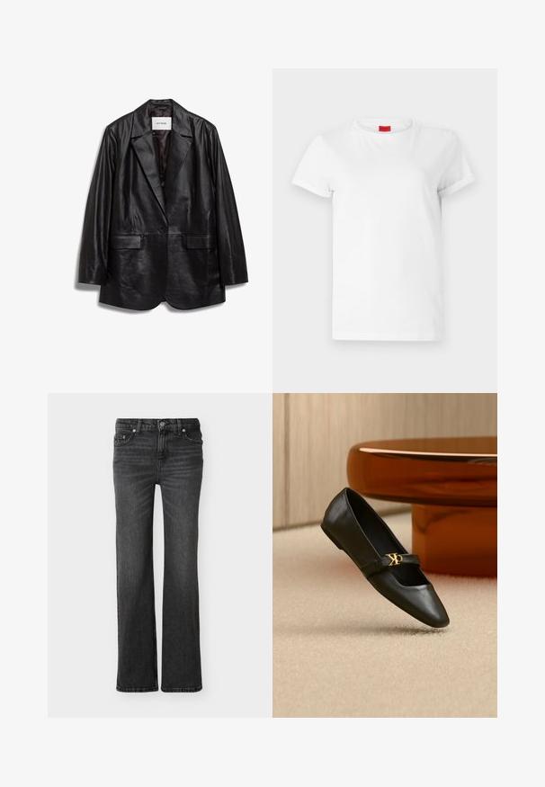 IVY OAK IOLOUISEBLAZER - Kurzmantel - black; Weißes Kurzarm-T-Shirt aus leichtem Baumwollstoff. Hat einen runden Halsausschnitt und umgeschlagene Ärmel. Rotes Logo-Tag am Kragen.; Schwarze Bootcut-Jeans mit vorderen Taschen, Gürtelschlaufen und dezenten verblassten Details im Stoff.; Schwarzer flacher Lederschuh mit spitzer Kappe und goldenem CK-Logo auf dem Riemen, auf beigem Teppich neben einem runden bernsteinbraunen Tisch platziert.