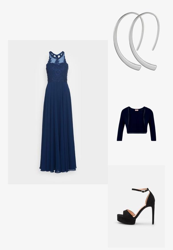 Cardigan court noir à ouverture devant, manches longues et encolure ronde, avec un design simple et une couleur unie.; Robe de soirée bleu marine avec un col haut, un haut transparent, des embellissements brodés et une jupe fluide pour une silhouette gracieuse.; Sandale à talons hauts en daim noir avec une semelle compensée, bride de cheville avec quincaillerie en argent, design à bout ouvert et texture lisse.; Boucles d'oreilles en métal argenté en forme de croissant, avec une surface lisse et brillante. Elles présentent un design minimaliste sans motifs visibles.