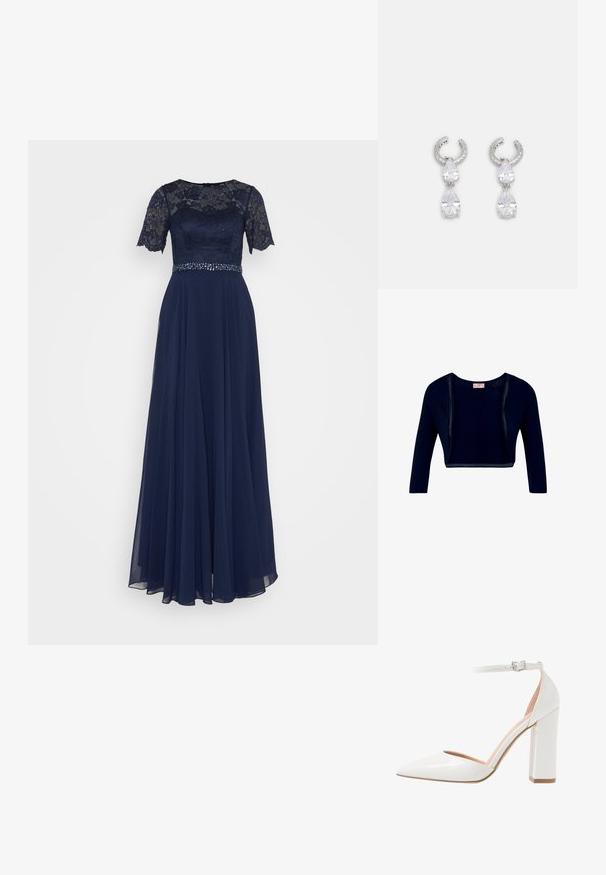Cardigan court noir à ouverture devant, manches longues et encolure ronde, avec un design simple et une couleur unie.; Robe de soirée bleu marine avec un corsage en dentelle et des manches courtes, accentuée d'une ceinture perlée. Jupe fluide avec une texture douce et superposée.; Chaussure à talon aiguille en cuir verni blanc avec un côté ouvert, bout pointu, bride de cheville avec boucle et talon épais.; Boucles d'oreilles en argent avec un design de créole texturée, ornées de deux cristaux en forme de goutte d'eau transparents et d'un plus petit cristal carré en bas.