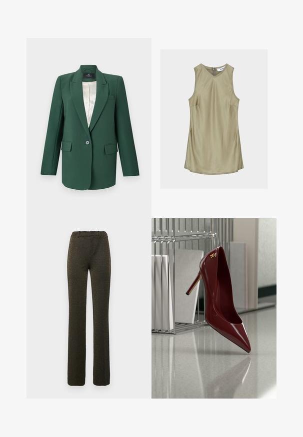Blazer ajusté vert avec revers en notched, fermeture à un bouton, deux poches avant et doublure satinée. Texture de tissu lisse.; Robe sans manches vert olive à col en V avec coutures visibles et fermeture éclair au dos du cou, étiquette à l'intérieur indiquant "DAY."; Pantalons noirs évasés en tissu texturé avec une brillance dorée. Possède un devant plat et des passants de ceinture. Taillés pour une silhouette ajustée.; Chaussure à talon haut brillante rouge foncé à bout pointu, posée sur un sol gris réfléchissant près d'un organiseur de dossiers en métal.