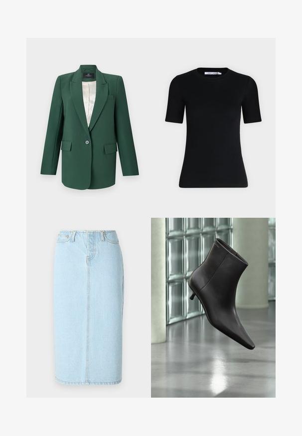 Blazer ajusté vert avec revers en notched, fermeture à un bouton, deux poches avant et doublure satinée. Texture de tissu lisse.; T-shirt noir ajusté à manches courtes avec un col rond et une étiquette à l'intérieur du col sur un fond clair uni.; Jupe crayon en denim bleu clair avec taille haute, design à cinq poches et détails de couture subtils le long des coutures.; Bottine en cuir noir avec bout pointu et petit talon, présentée devant un mur en blocs de verre et un sol poli.