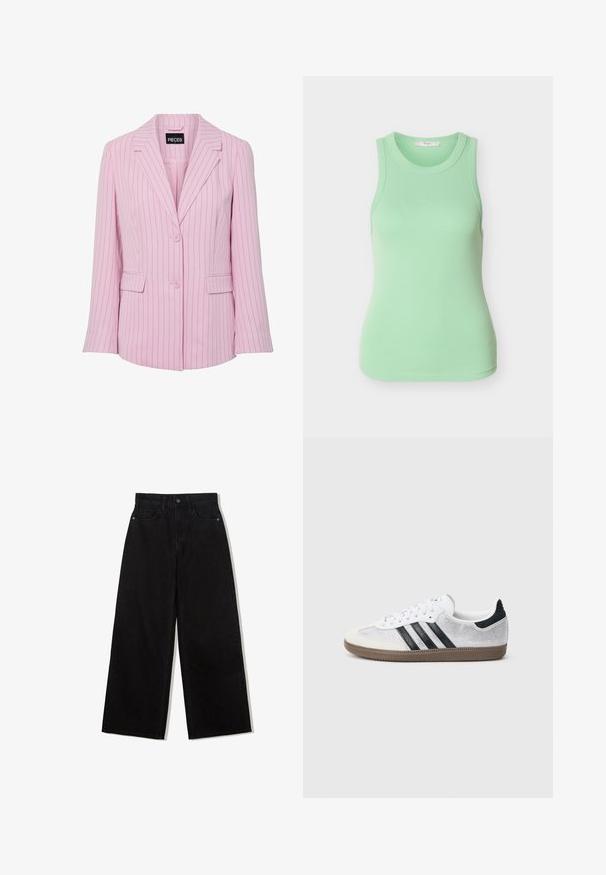 Blazer rose clair avec fines rayures verticales noires, deux boutons, col à revers cranté et poches à rabat sur les côtés avant.; Débardeur côtelé vert menthe sans manches avec un col rond et une silhouette ajustée sur fond blanc.; Jeans noirs à jambes larges en denim avec une taille haute, présentant un design à cinq poches et une fermeture à un bouton à l'avant.; Baskets en mesh blanc avec des rayures noires, un embout en daim beige et un accent sur le talon, semelle en caoutchouc texturée, et lacets blancs. Design classique à tige basse.
