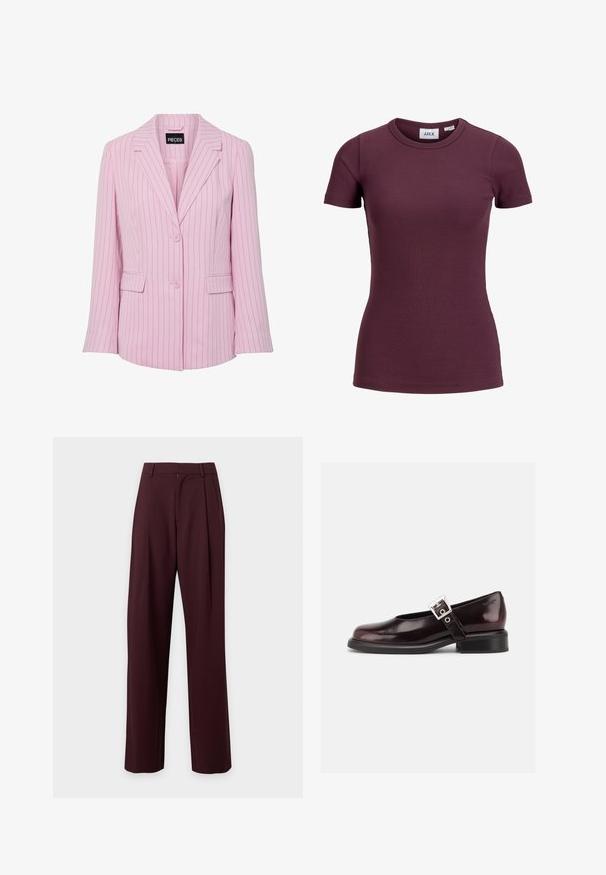 Blazer rose clair avec fines rayures verticales noires, deux boutons, col à revers cranté et poches à rabat sur les côtés avant.; T-shirt côtelé ajusté à manches courtes couleur prune foncée avec col rond et étiquette avant indiquant la marque JJXX et la taille 5.; Pantalon marron foncé taille haute sur mesure avec jambes droites et passants de ceinture, présenté sur un fond clair uni.; Chaussure Mary Jane unique brillante couleur bordeaux foncé avec une large bride et une boucle argentée, talon bloc bas et bout arrondi sur fond blanc.
