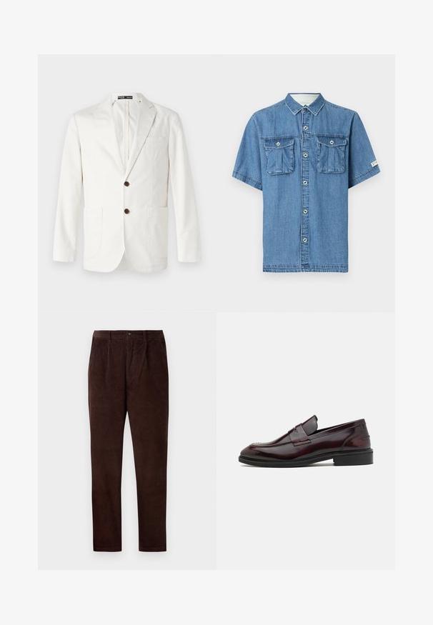 Lichtbeige blazer van katoen, met een geknipt revers, twee voorkouz pockets en twee bruine knopen voor sluiting.; Blauw denim overhemd met korte mouwen, knoopsluiting en twee klepzakken aan de voorkant, getoond tegen een effen lichte achtergrond.; Barbour Broek - dark oak; Bordeauxleren instappers met een gladde afwerking, rechthoekige vooraccenten en een ronde neus, met een zwarte rubberen zool.