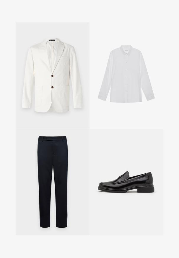 Lys beige blazer lavet af bomuld, med en spids krave, to frontlommer og to brune knapper til lukning.; Hvid langærmet skjorte lavet af glat stof, med spidse krave, frontknaplukning og enknapsmanchetter.; Sorte bukser med en skræddersyet pasform. Har en glat tekstur, bæltestropper og åbninger til forlommer. Lige ben-design.; Sorte læder loafers med en rund tå, der har en syet detalje over vristen og en lav blokhæl. Glat tekstur og blank finish.