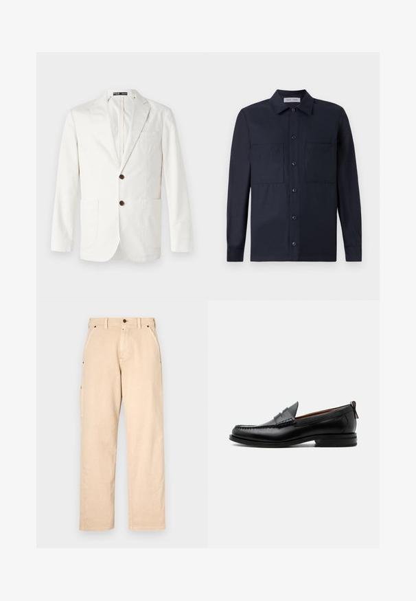 Lys beige blazer lavet af bomuld, med en spids krave, to frontlommer og to brune knapper til lukning.; Samsøe Samsøe TAKA JO OVERSHIRT - Skjorter - dark blue; Beige bomuldsbukser med lige ben, der har sidelommer, bæltestropper og knaplukning foran. Glat tekstur, minimalistisk design.; Sort læder herre loafer med moc-tå syning, penny strop, struktureret krave og lav stablet hæl på hvid baggrund.