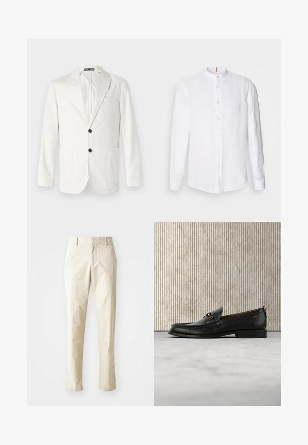 Lys beige blazer lavet af bomuld, med en spids krave, to frontlommer og to brune knapper til lukning.; Hvid linnedskjorte med mandarin-krave, frontknaplukning, lange ærmer og en subtil tekstur. Markant orange accent på kraven.; Lys beige skræddersyede bukser med et tekstureret mønster, lige pasform og medium høj talje, der har bæltestropper og ingen synlige lommer.; Sort læderloafers med guldfarvet metaldekoration og "HUGO" branding, vist mod en beige tæppe og brunt gennemsigtigt møbel.