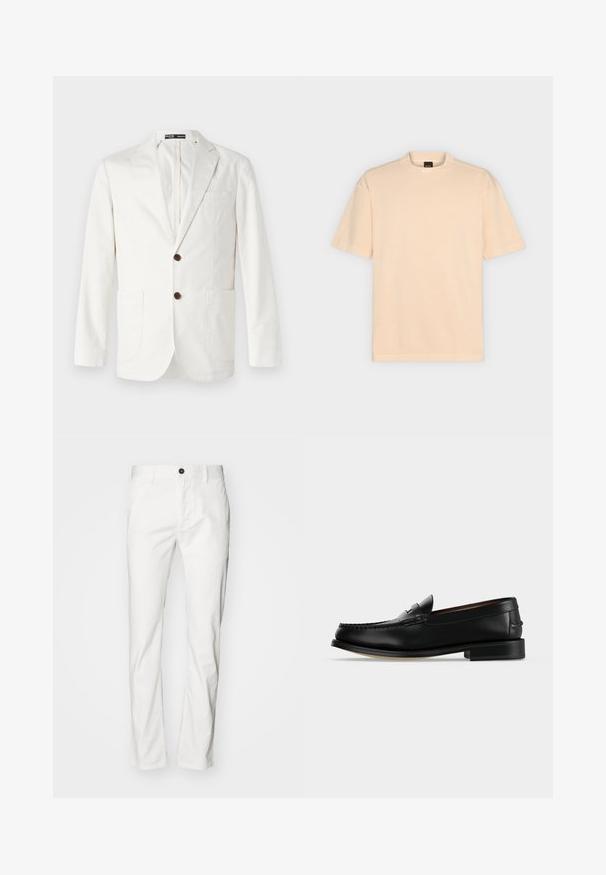Lys beige blazer lavet af bomuld, med en spids krave, to frontlommer og to brune knapper til lukning.; Enkel beige T-shirt med korte ærmer og rund halsudskæring med BOSS-mærke på den indvendige bagside af kraven, vist på en lys grå baggrund.; Hvide bomuldsbukser med lige snit, der har knaplukning og lommer, glat tekstur og minimalistisk stil.; Sort læder herre loafer med lav hæl og mokkasinsyning på tåen, vist fra siden på en ensfarvet baggrund.
