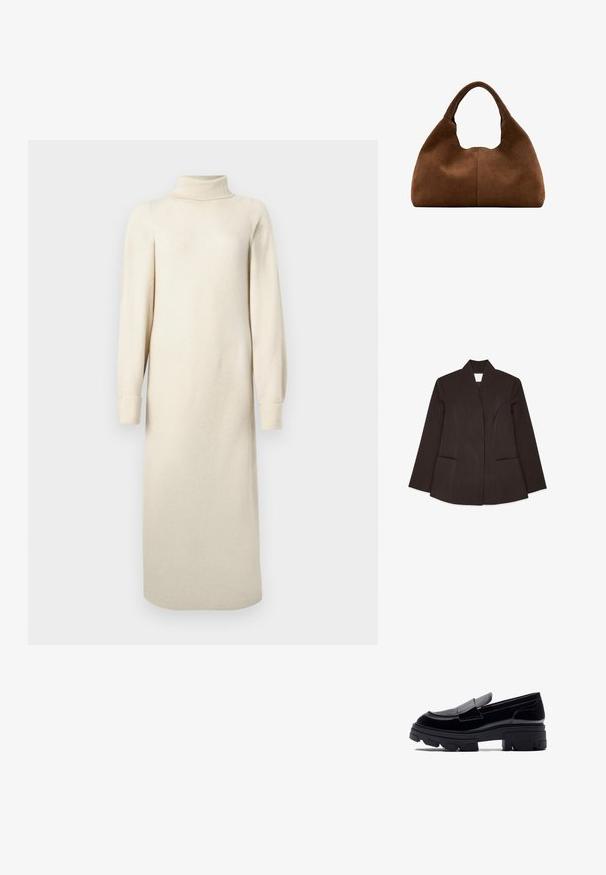 Brun skræddersyet blazer med høj krave, lange ærmer og to forlommer. Har buede sømme for en tætsiddende pasform. Glat tekstur.; Creme strikkjole med høj krave, lange pufærmer og midi længde. Har en struktur med et let ribmønster.; Sort laklæderloafer med en kraftig gummisål, der har en flad, rund tå og en dekorativ strop tværs over forfoden.; Brun ruskind hobo-taske med et bredt, afrundet håndtag og en blød, slasket form mod en hvid baggrund.