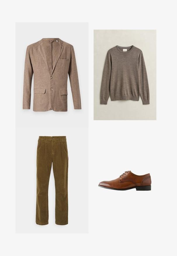 Brauner Leinenblazer mit Reverskragen, zwei Vorderaschen, einer Brusttasche und einer Ein-Knopf-Verschluss, der eine strukturierte Optik aufweist.; Brauner Pullover mit Rundhalsausschnitt und langen Ärmeln, mit gerippten Bündchen und Saum, flach auf hellem Hintergrund dargestellt.; Lindbergh WIDE FIT PANTS - Stoffhose - sand; Brauner Herrenschuh aus Leder mit schwarzen Schnürsenkeln, Brogue-Details nahe der Ferse und schwarzer Sohle, von der Außenseite gezeigt.