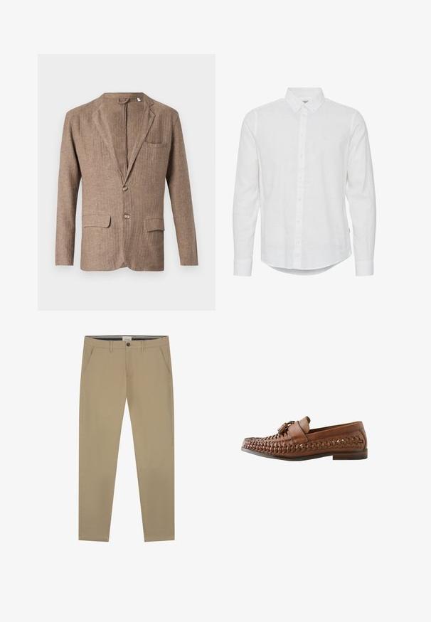 Brauner Leinenblazer mit Reverskragen, zwei Vorderaschen, einer Brusttasche und einer Ein-Knopf-Verschluss, der eine strukturierte Optik aufweist.; Weißes langärmliges Hemd aus Leinen mit Knopfleiste. Verfügt über einen klassischen Kragen und eine vordere Knopfleiste; schlichte Textur ohne Muster oder Verzierungen.; Beige Chinos aus glattem Baumwollstoff, mit geradem Bein, einem Knopfverschluss und zwei Seitentaschen. Dezente Nähdetails.; Brauner, geflochtener Ledermokassin mit Quasten oben und niedrigem geschichtetem Absatz, im rechten Seitenprofil auf weißem Hintergrund dargestellt.