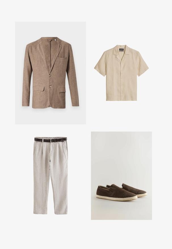 Brauner Leinenblazer mit Reverskragen, zwei Vorderaschen, einer Brusttasche und einer Ein-Knopf-Verschluss, der eine strukturierte Optik aufweist.; Beige Kurzarm-Hemd mit Knopfleiste, Camp-Kragen und sichtbaren Nähten, flach auf weißem Hintergrund liegend.; Hellbeige Leinenhose mit Falten, Seitentaschen und einem dunkelbraunen gewebten Gürtel mit silberner Schnalle.; Next REGULAR FIT - Espadrille - brown